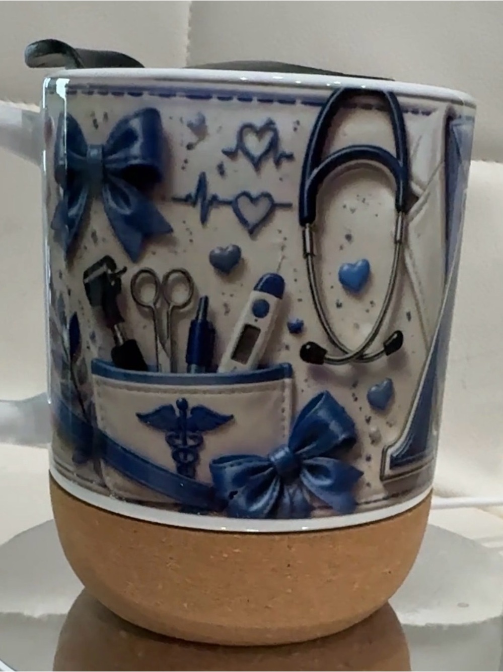 Blue Medical-Themed Ceramic Mug with Cork Base